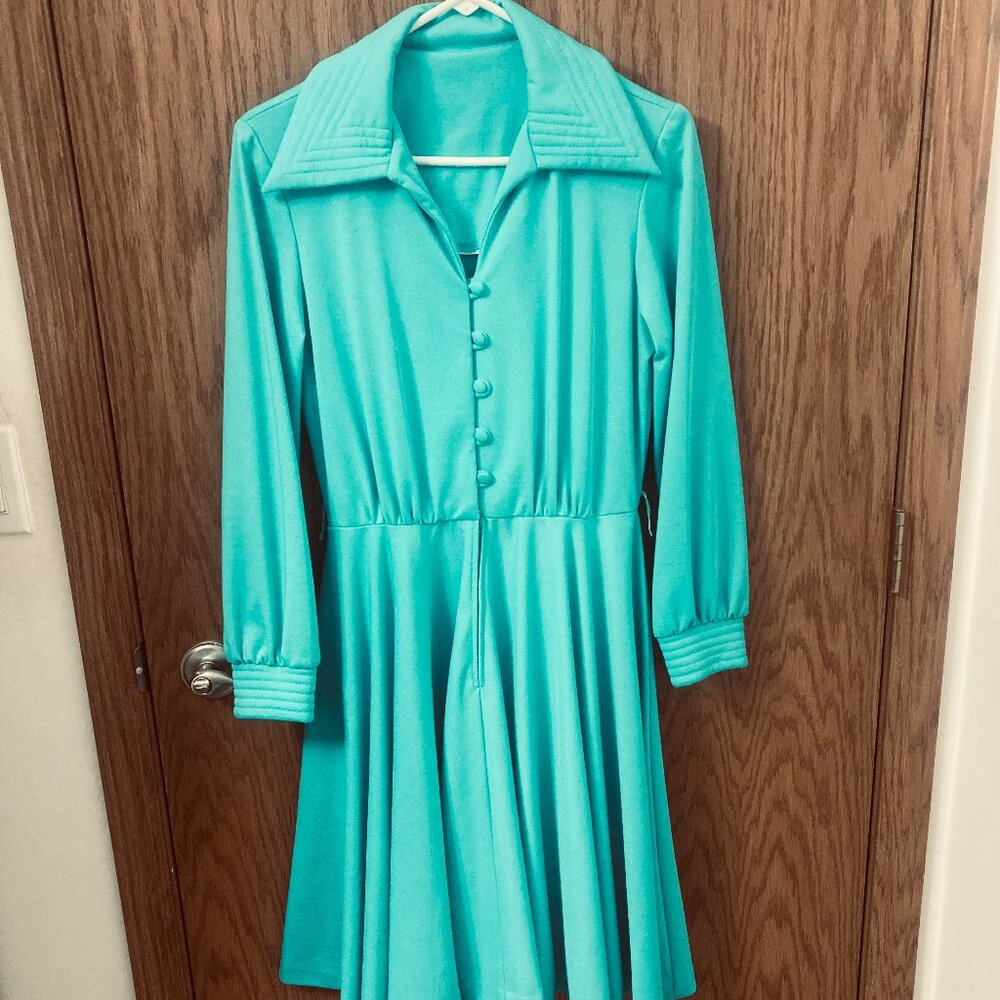 Vintage 1970's Turquoise Long Sleeve Shirtdress - 8
